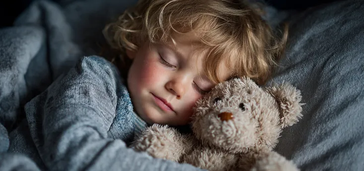 little boy in baby blue pajamas holding a teddy bear sleeping in bed.